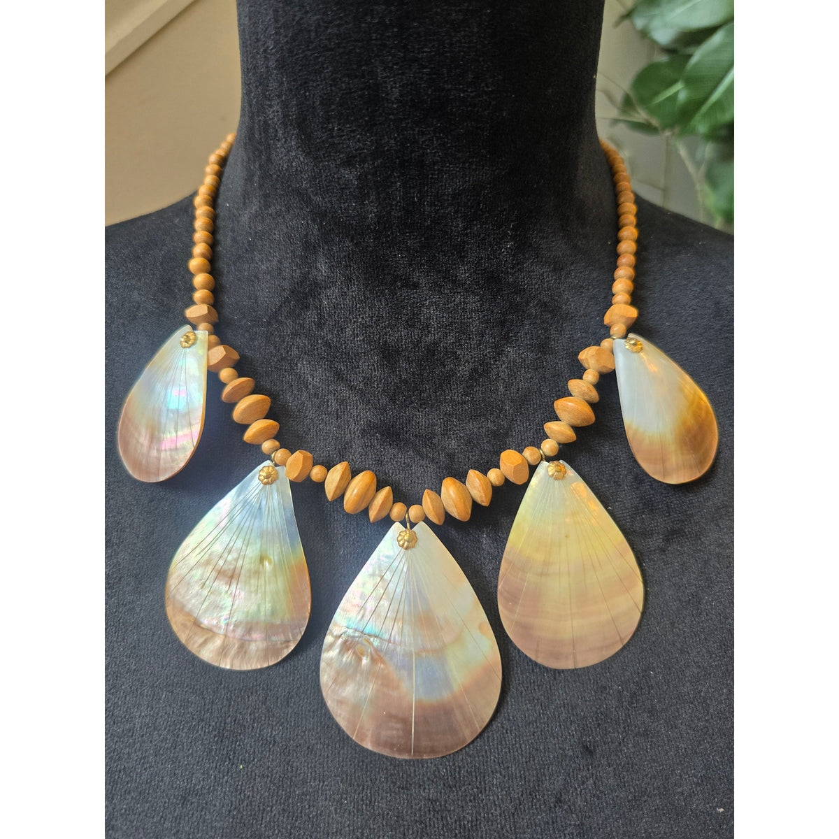 Lightweight Brown Wood Bead Iridescent Shell Teardrop Statement Necklace