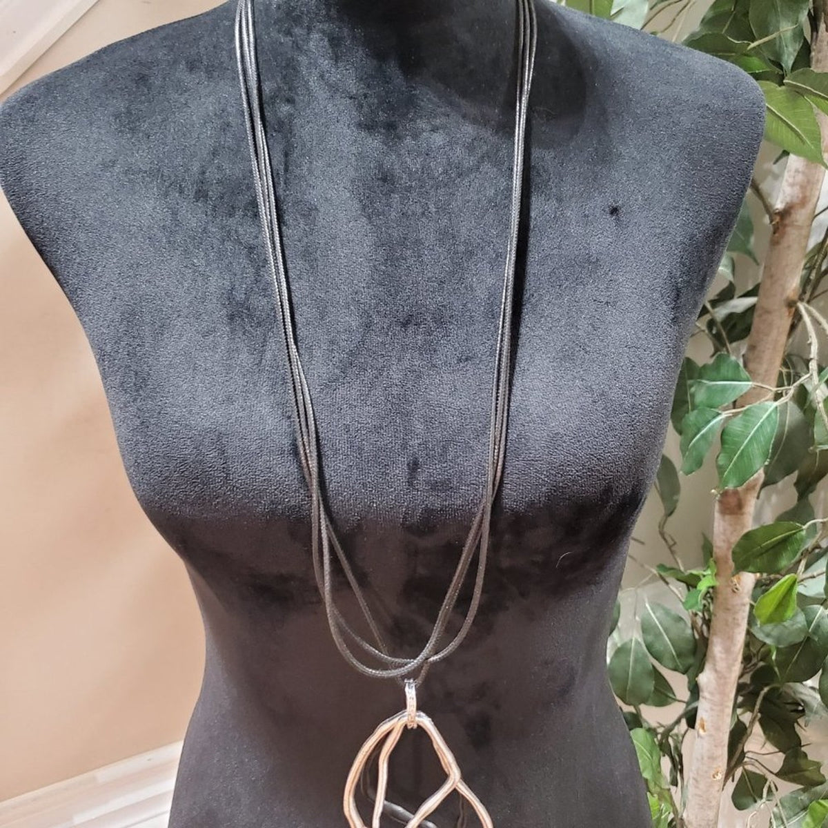 Women Fashion Black Leather Long Cord Duo Pendant Necklace with Lobster Clasp