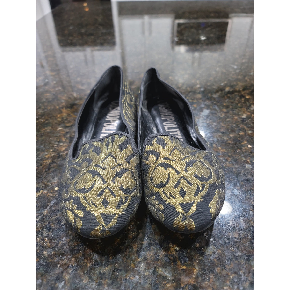 Cosmopolitan Ballet Shoes Women's Size 8.5M Black Gold Paisley Round Toe Slip On