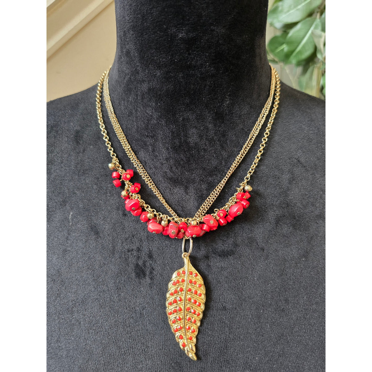 Red Beaded Gold Leaf Pendant Layered Necklace and Earring Set