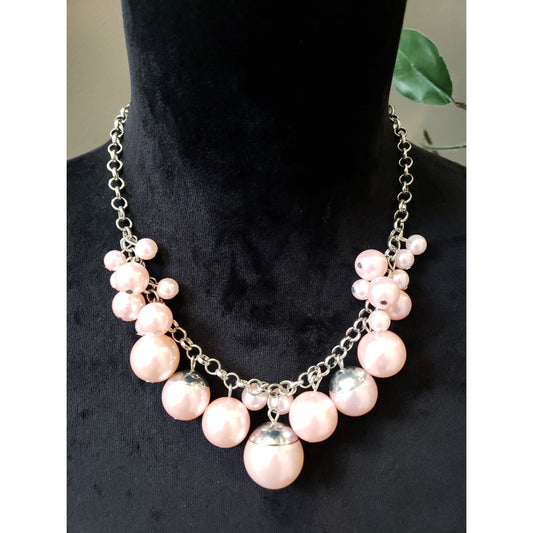 Women's Pink Bubble Bead Necklace Statement Lobster Clasp Silver Tone