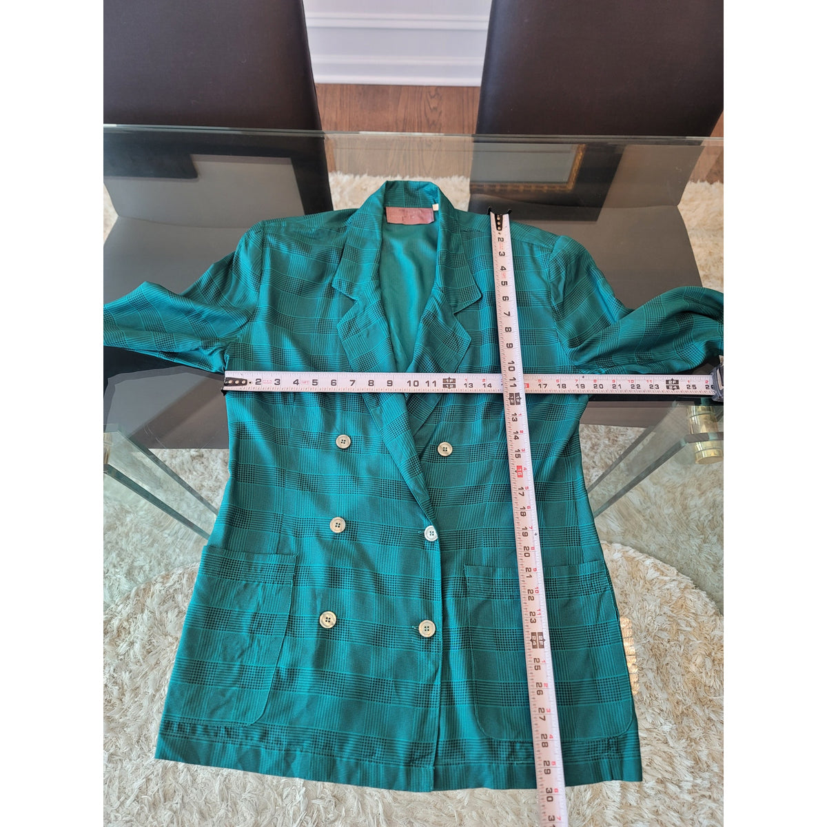 Vintage Silk Club Skirt Suit Medium Teal Green Houndstooth Plaid  Blazer