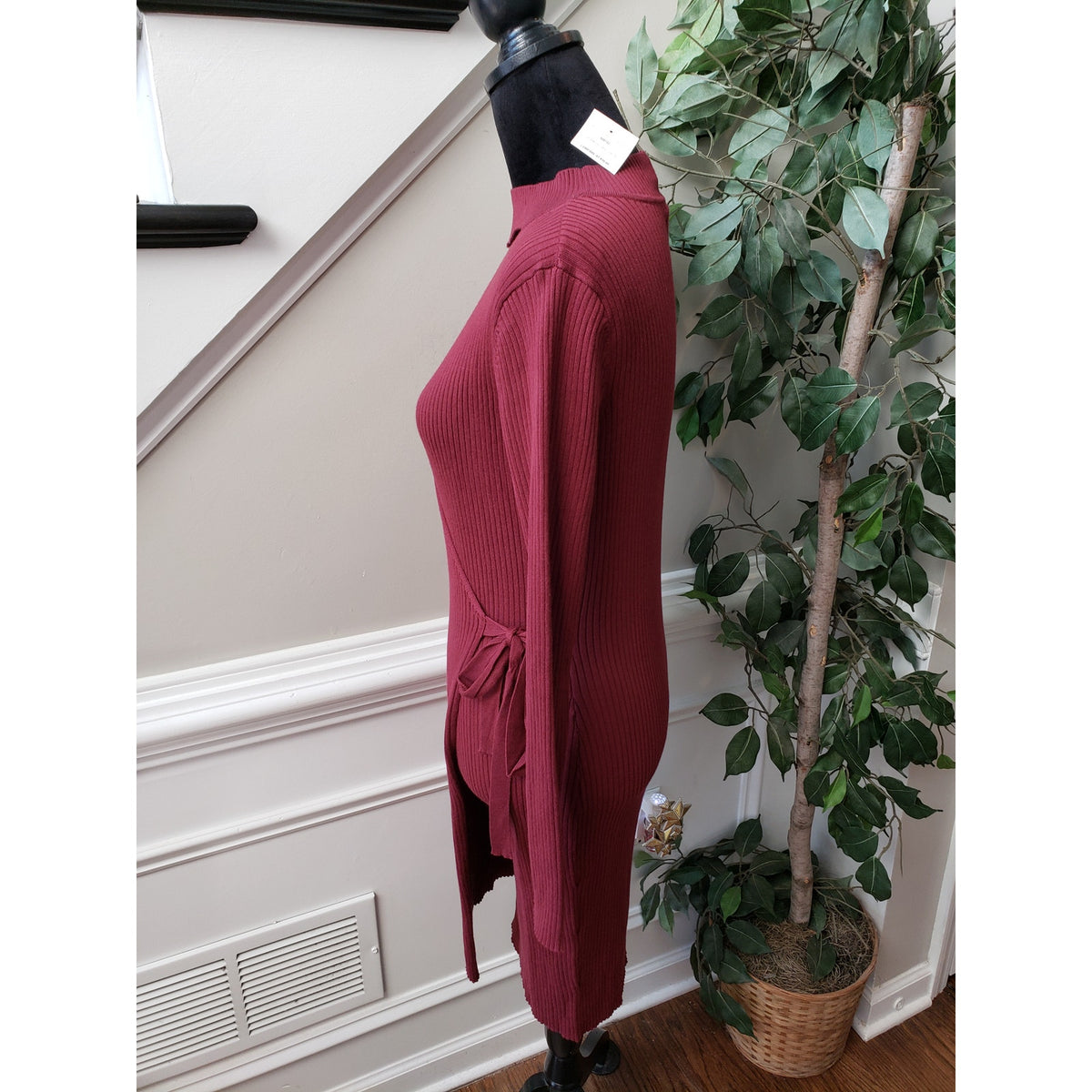 Questions Wrap Dress Women's Size 1X Burgundy Ribbed Cutout Mock Neck Tie Waist