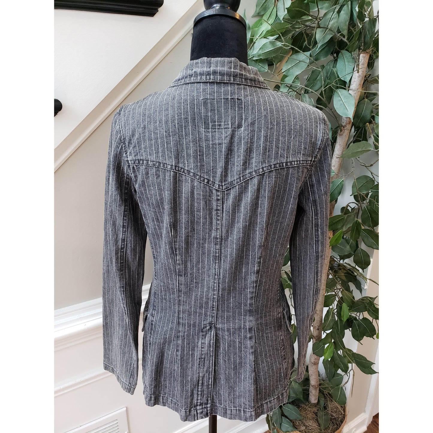 Carlo's Denims Blazer Jacket Women Small Gray Striped Peak Lapel Single Breasted