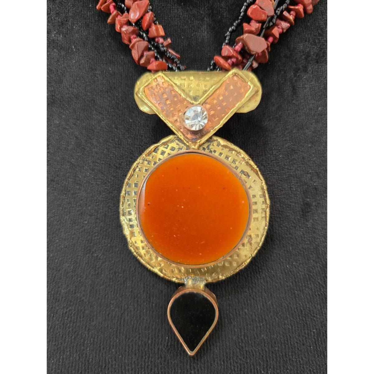 Orange Black Multi Strand Beaded Pendant Statement Necklace