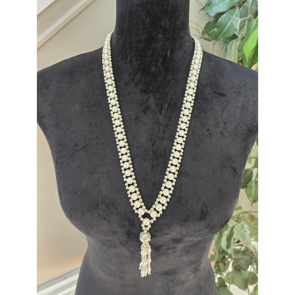 Silver Tone Rhinestone Faux Pearl Tassel Long Statement Necklace