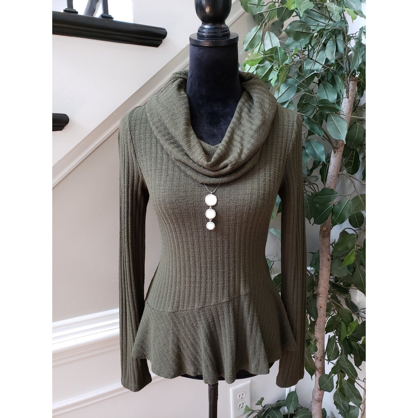 Maeve by Anthropologie Sweater Womens XS Green Cowl Neck Ribbed Peplum Hem