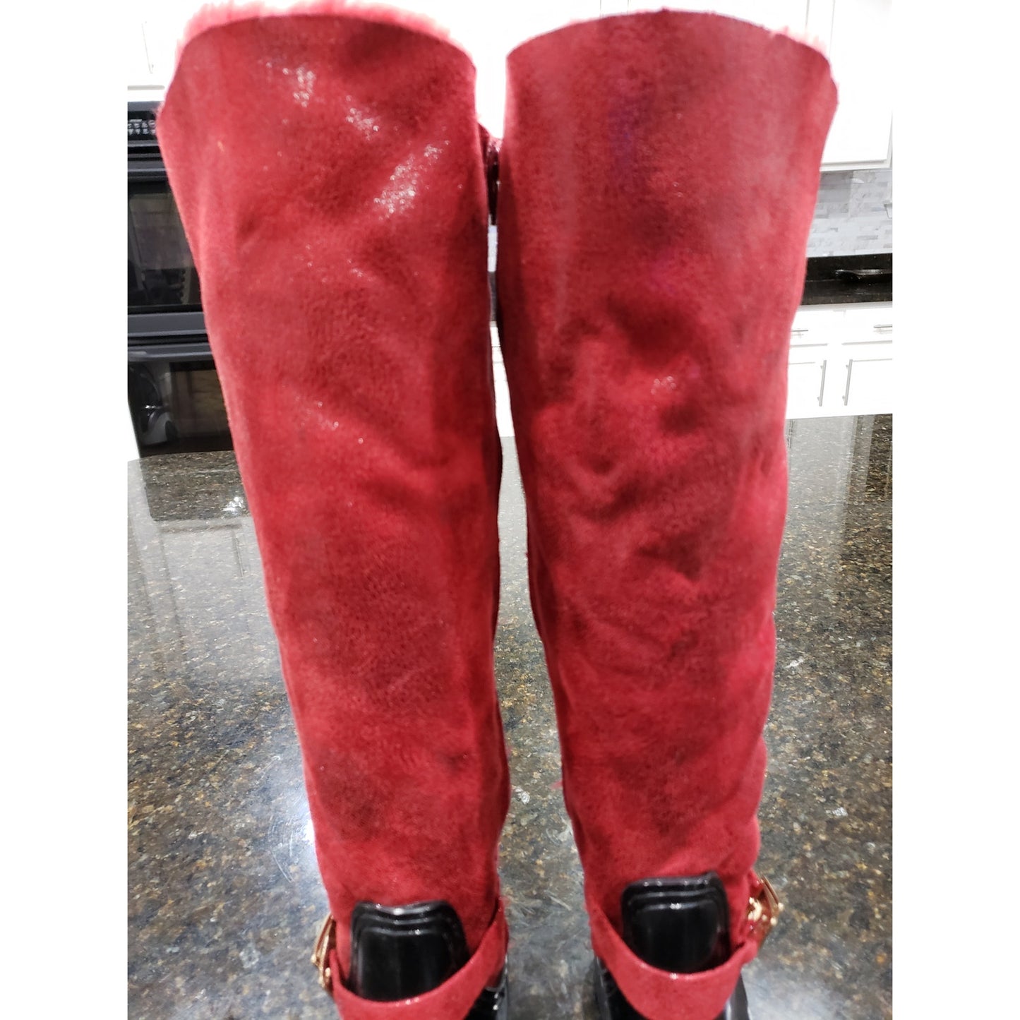 Womens Boots Size 8 Black & Red Patent Leather Comfort Buckle Round Toe Side Zip