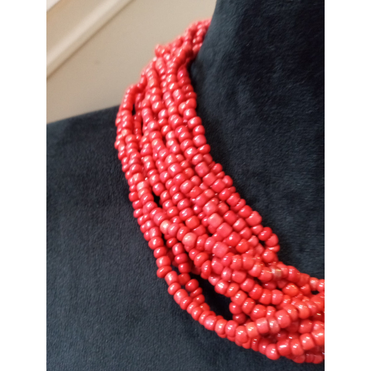 Vintage Red Multi Strand Seed Bead Torsade Statement Necklace Twisted Bib Collar