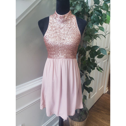 Forever 21 Women's Pink Sequin Halter Neck Sleeveless Knee Length Dress Size L