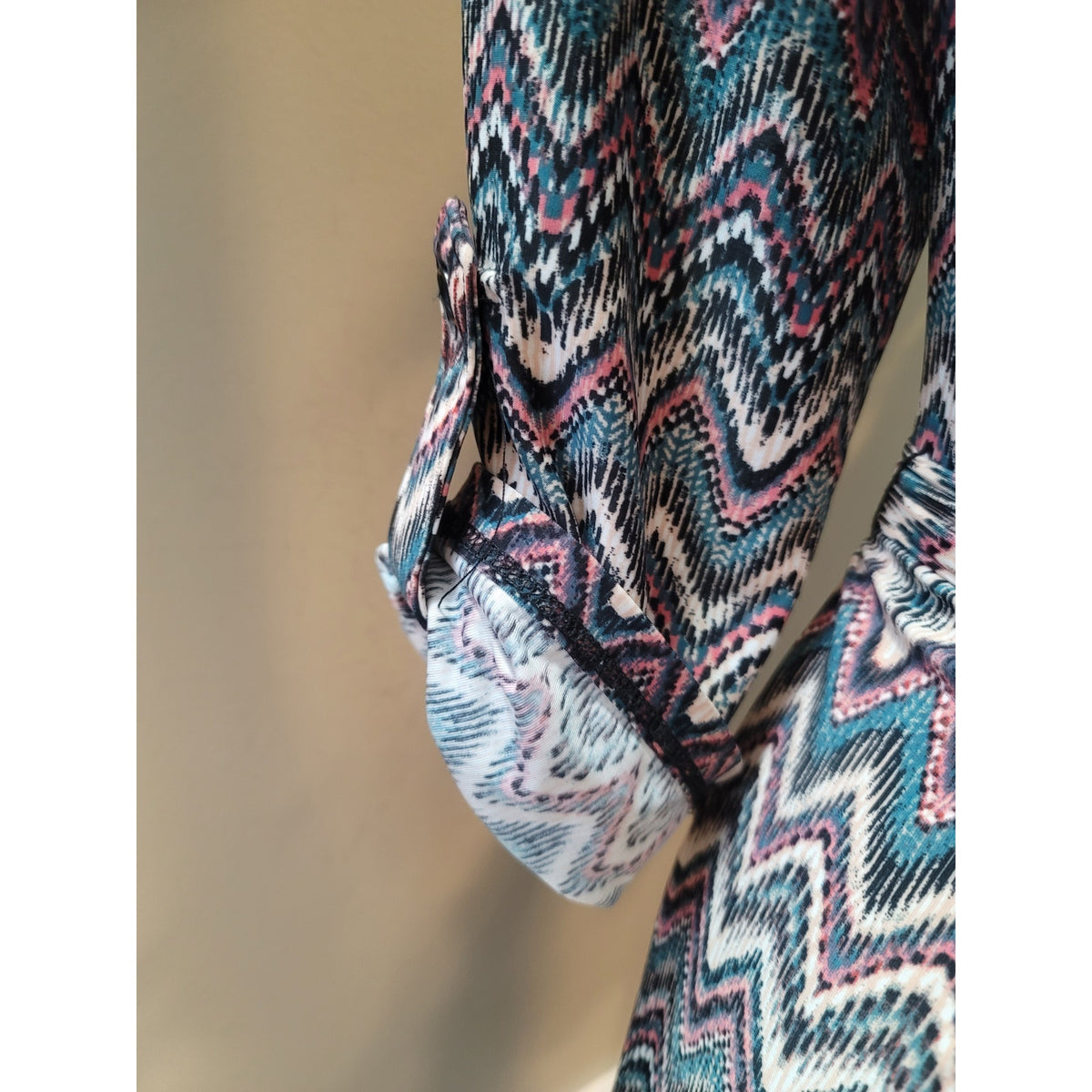 Tacera Dress Womens Small Multicolor Chevron Print V Neck Belted Long Sleeves