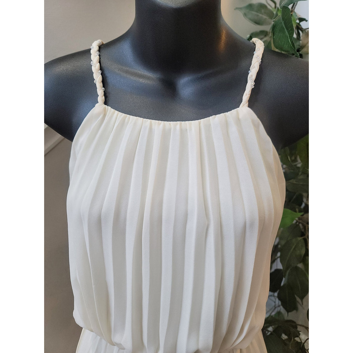 Ark & Co. Pleated Maxi Dress Women's S White 100% Polyester Braided Tie Waist