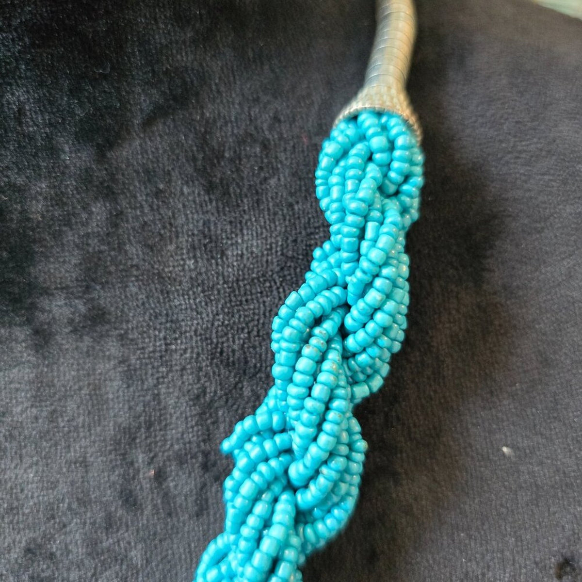 Womens Fashion Blue Seed Beads Twisted Statement Necklace with Lobster Clasp