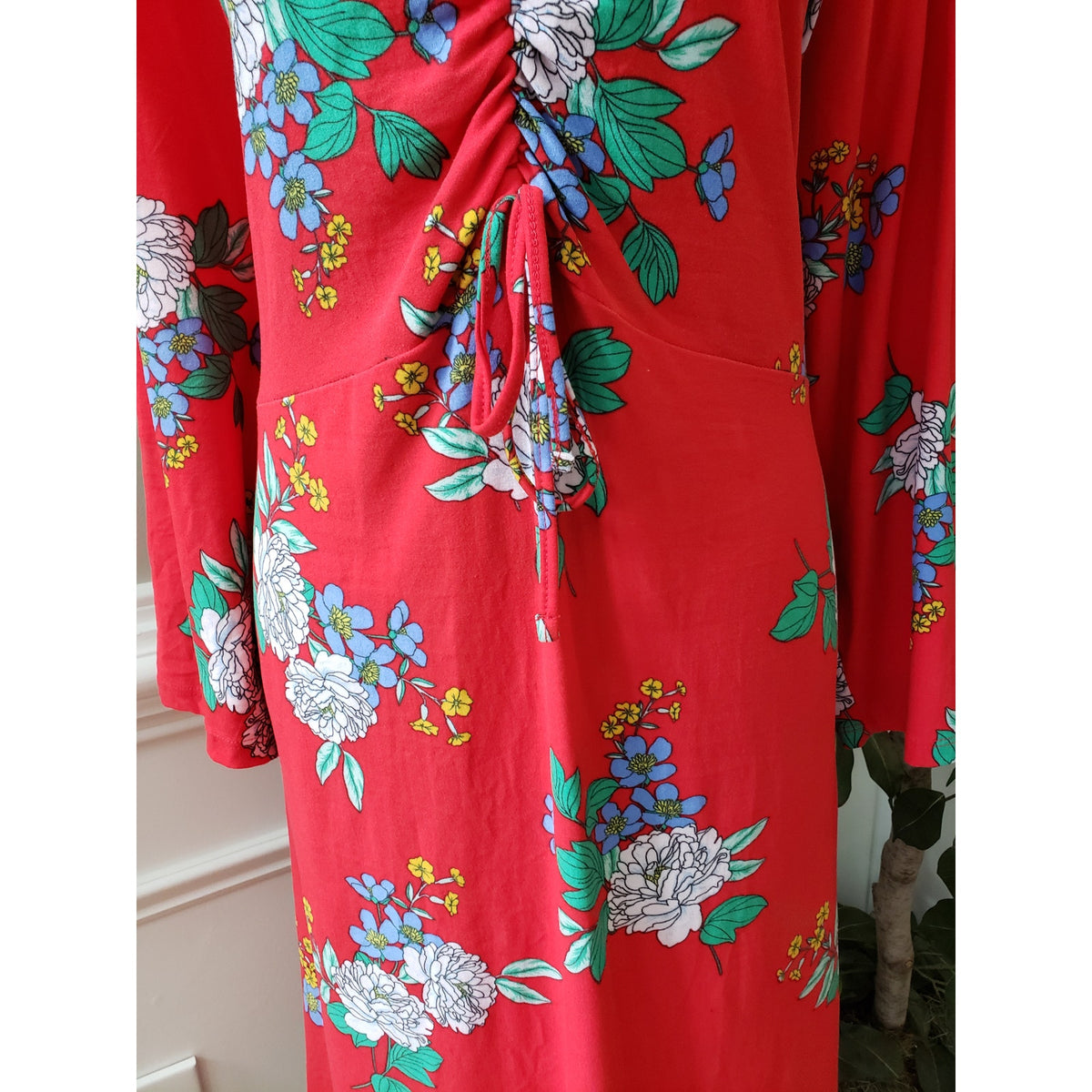 Bobbie Brooks Knee Length Dress Women 3X Red Floral Ruched Long Sleeve V Neck