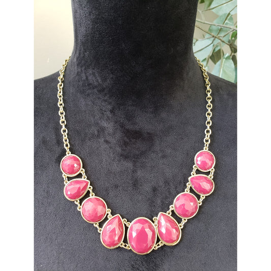 Womens Gold Plated Faceted Round Teardrop Pink Acrylic Beaded Statement Necklace