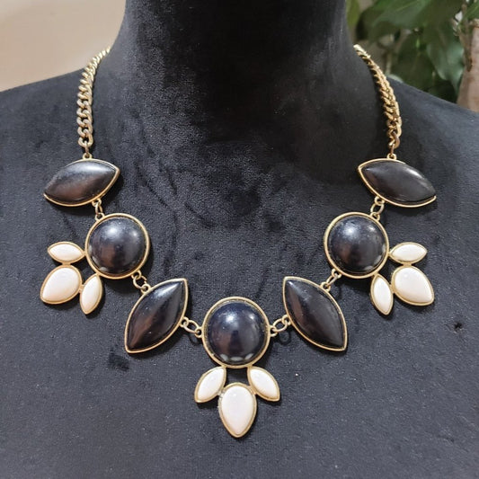 Womens Fashion Gold Tone Black & White Stone Statement Necklace w/ Lobster Clasp