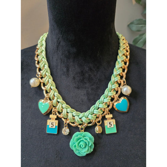 Women's Green Charm Necklace With Heart Perfume Flower And Lobster Clasp