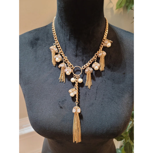Women's Gold Tone Chain Tassel Pearl Statement Necklace With Lobster Clasp
