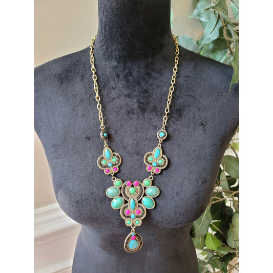 Womens Statement Bohemian Necklace With Turquoise Green Pink Stones Lobster Lock
