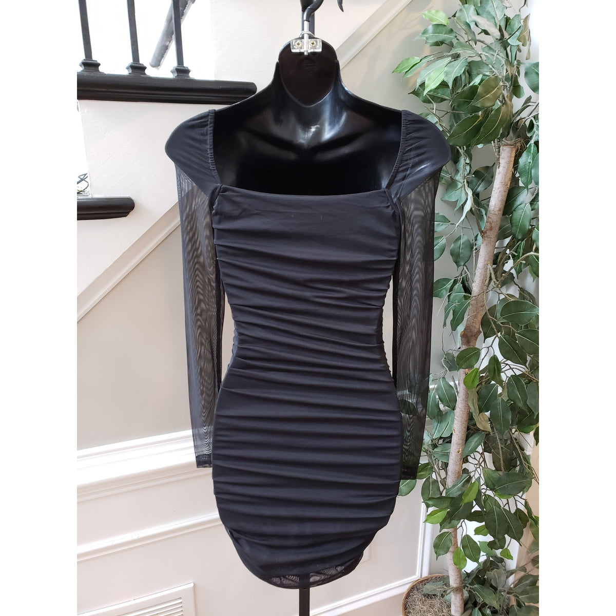 Princess Polly Dress Women 0 Black Mesh Long Sleeve Ruched Bodycon Mini Sexy