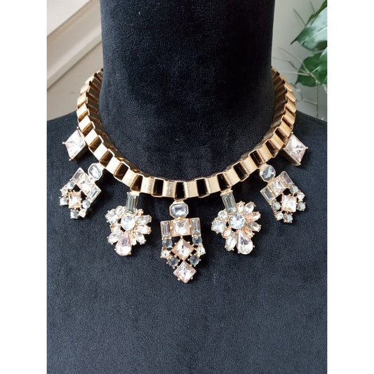 Gold Tone Crystal Statement Collar Necklace Clear Rhinestone Bib Glam Bridal