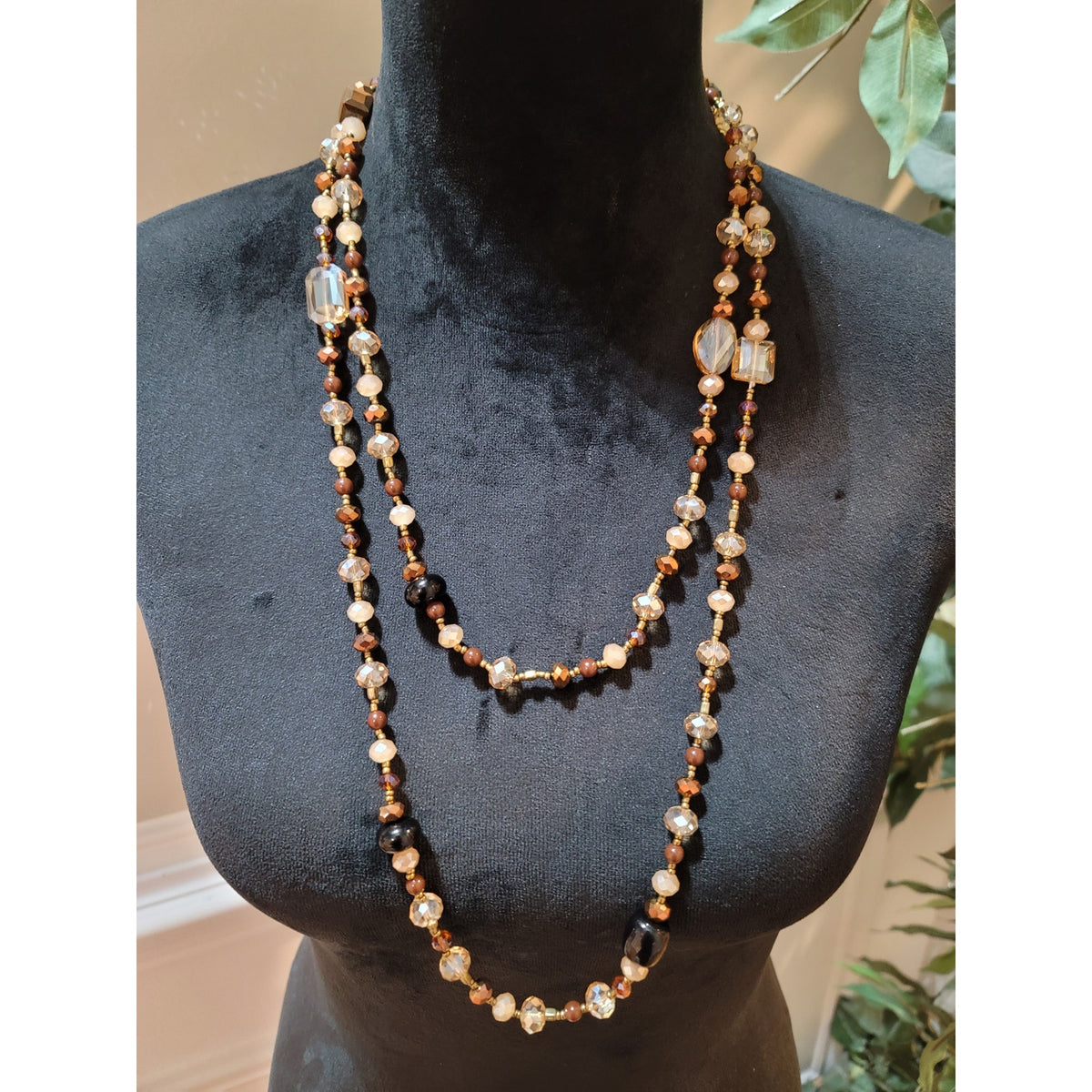 Women's Faceted Crystal and Brown Beaded Long Layered Necklace Jewelry