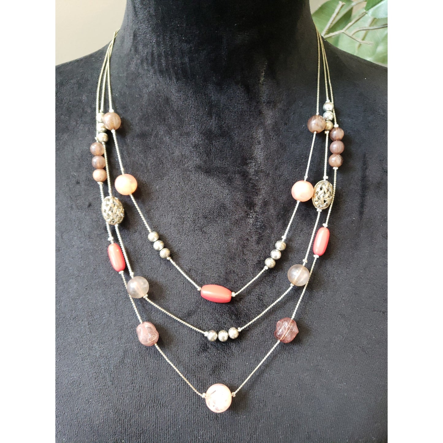 Women Layered Bead Necklace Rose Quartz Coral Stone Silver Tone Chain Clasp