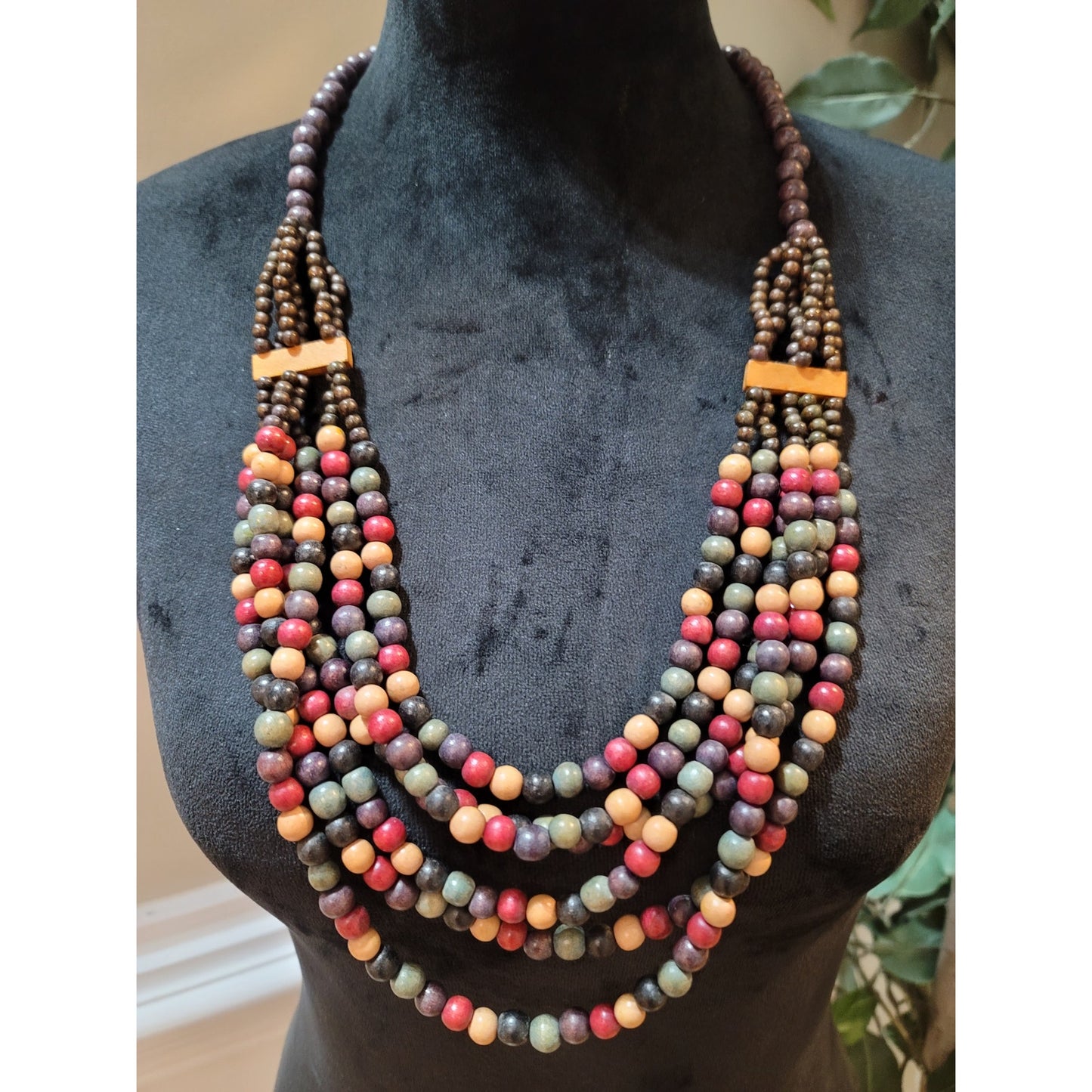Women Multicolor Wooden Beaded Necklace Multi Strand Jewelry With Lobster Clasp