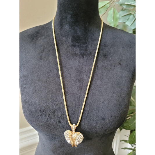 Women's Gold Heart Pendant Necklace With Rhinestones And Lobster Clasp Chain