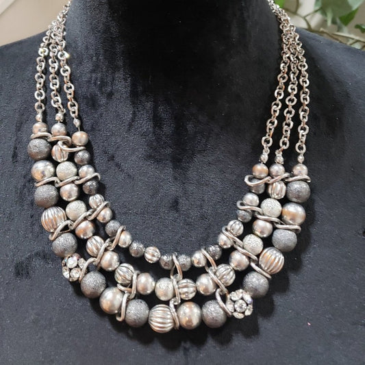 Womens Fashion Mixed Bead Silver Tone 3 Strand Statement Necklace Lobster Clasp