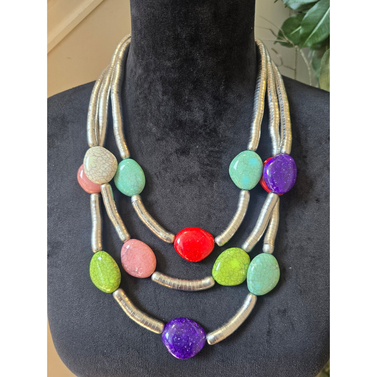Multicolor Oval Stone Multi Strand Statement Necklace