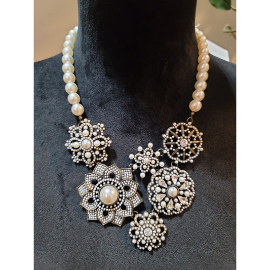 Plunder Pearl Flower Necklace, Earrings Bracelet Set Handmade Vintage Jewelry