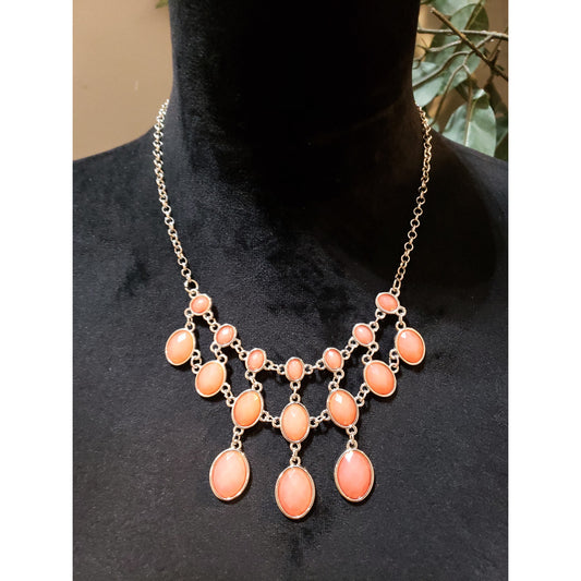 Womens Silver Tone Coral Faux Beads Sweater Linked Bib Necklace with Lobster