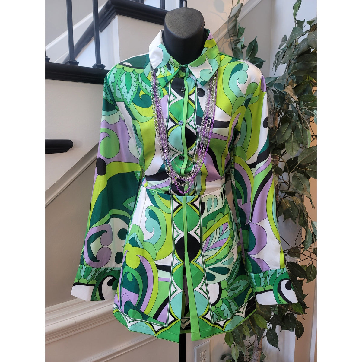 Fancy Dream Skirt Set Women's Green Geometric Button Up Side Zipper Long Sleeve