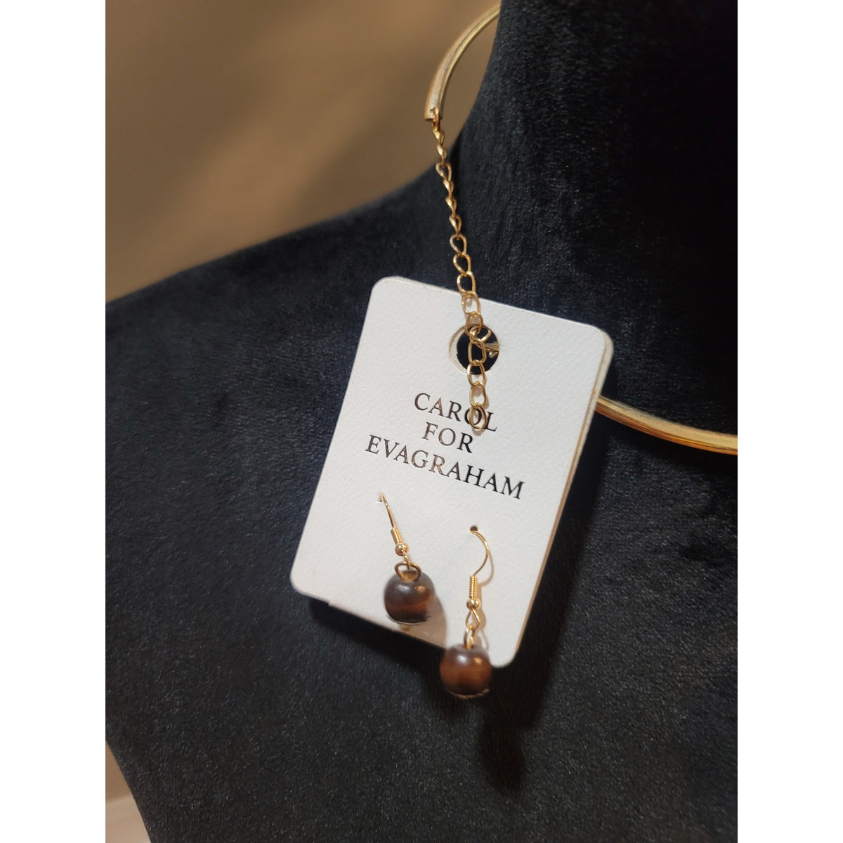 Carol for Eva Graham Wooden Pendant with Gold Choker and Matching Earrings