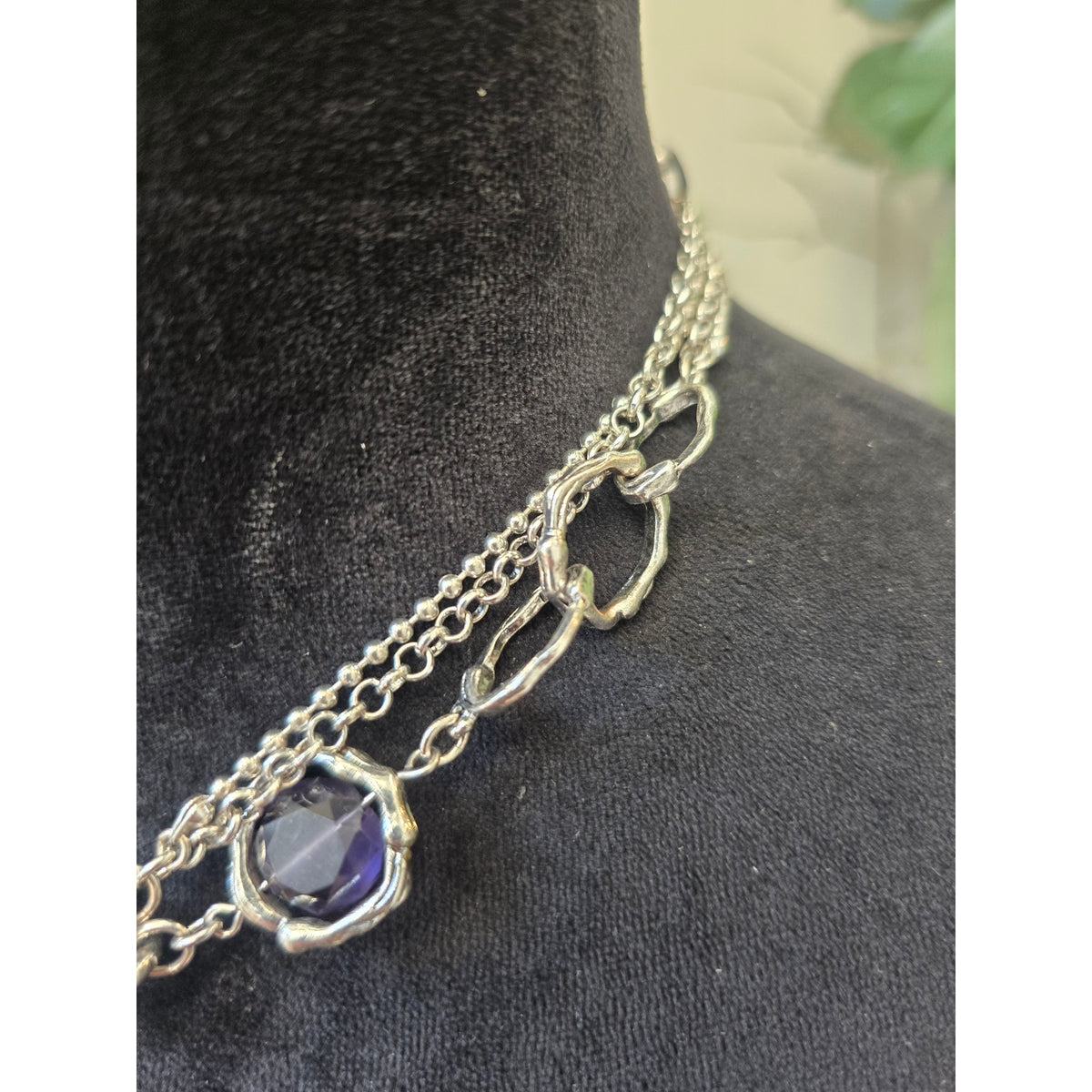 Silver Tone Layered Chain Oversized Open Teardrop Pendant Toggle Necklace