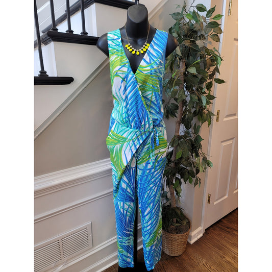 New York & Company V Neck Jumpsuit Women's Size 6 Blue Green Palm Print