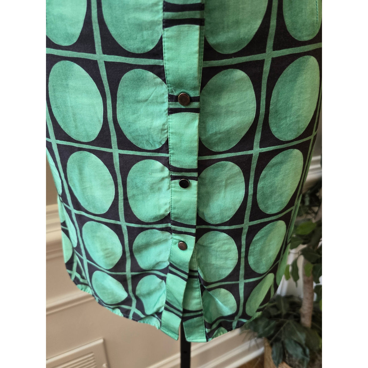 Zara Midi Dress Women's Small Green/Black Geometric Short Sleeve Pleated Back