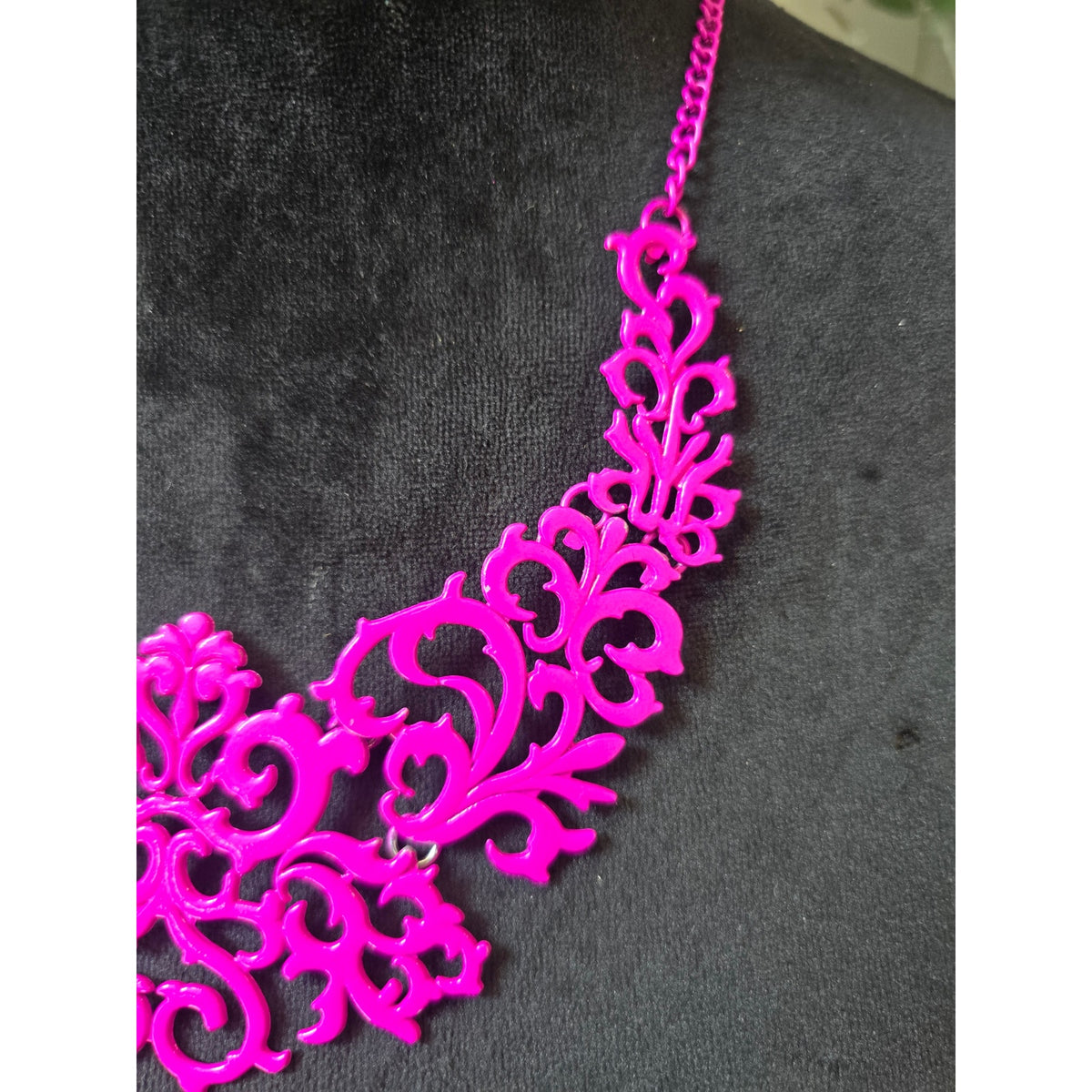Hot Pink Filigree Floral Cutout Statement Necklace