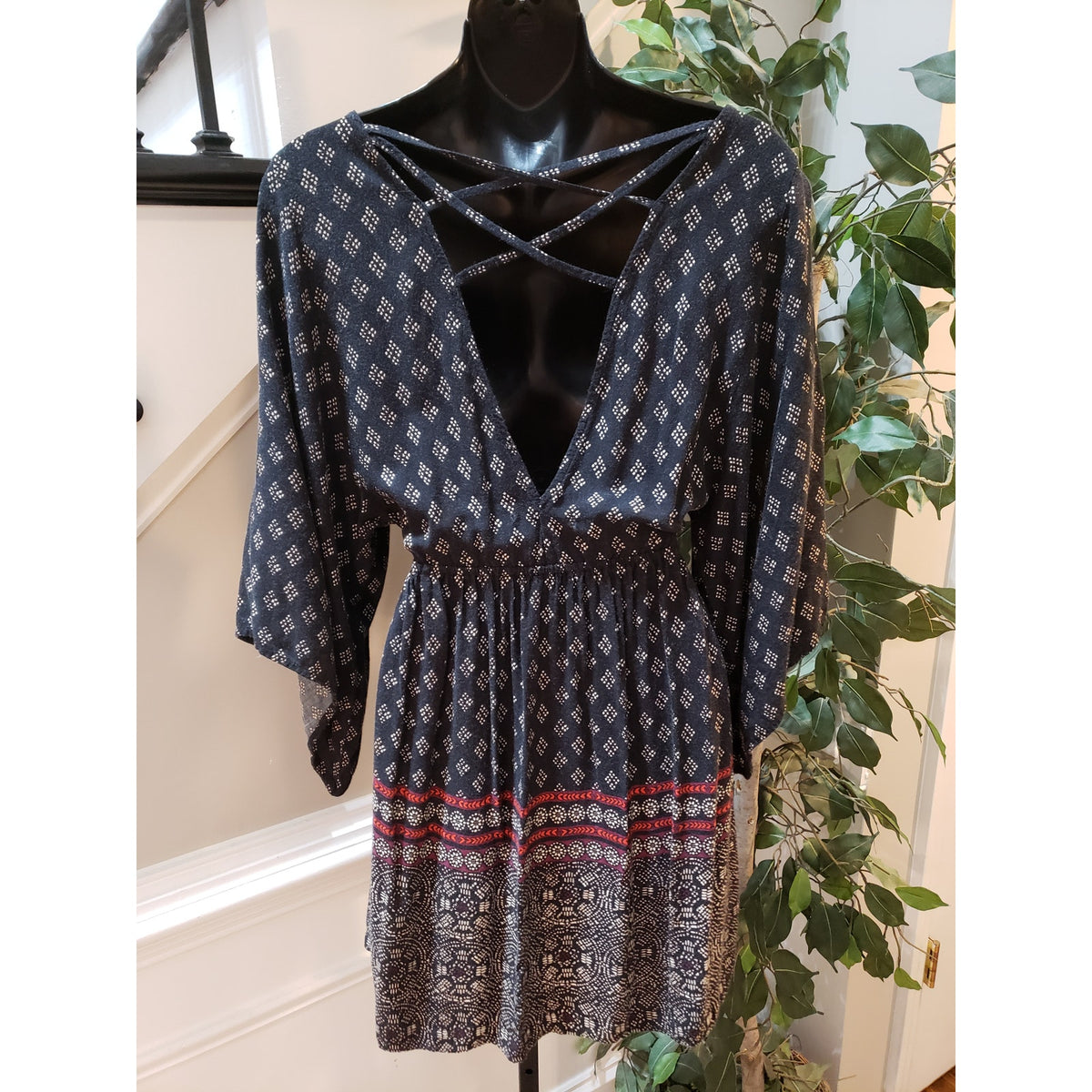 Abercrombie & Fitch Boho Mini Dress Womens XS Blue Argyle Tie Waist 3/4 Sleeve