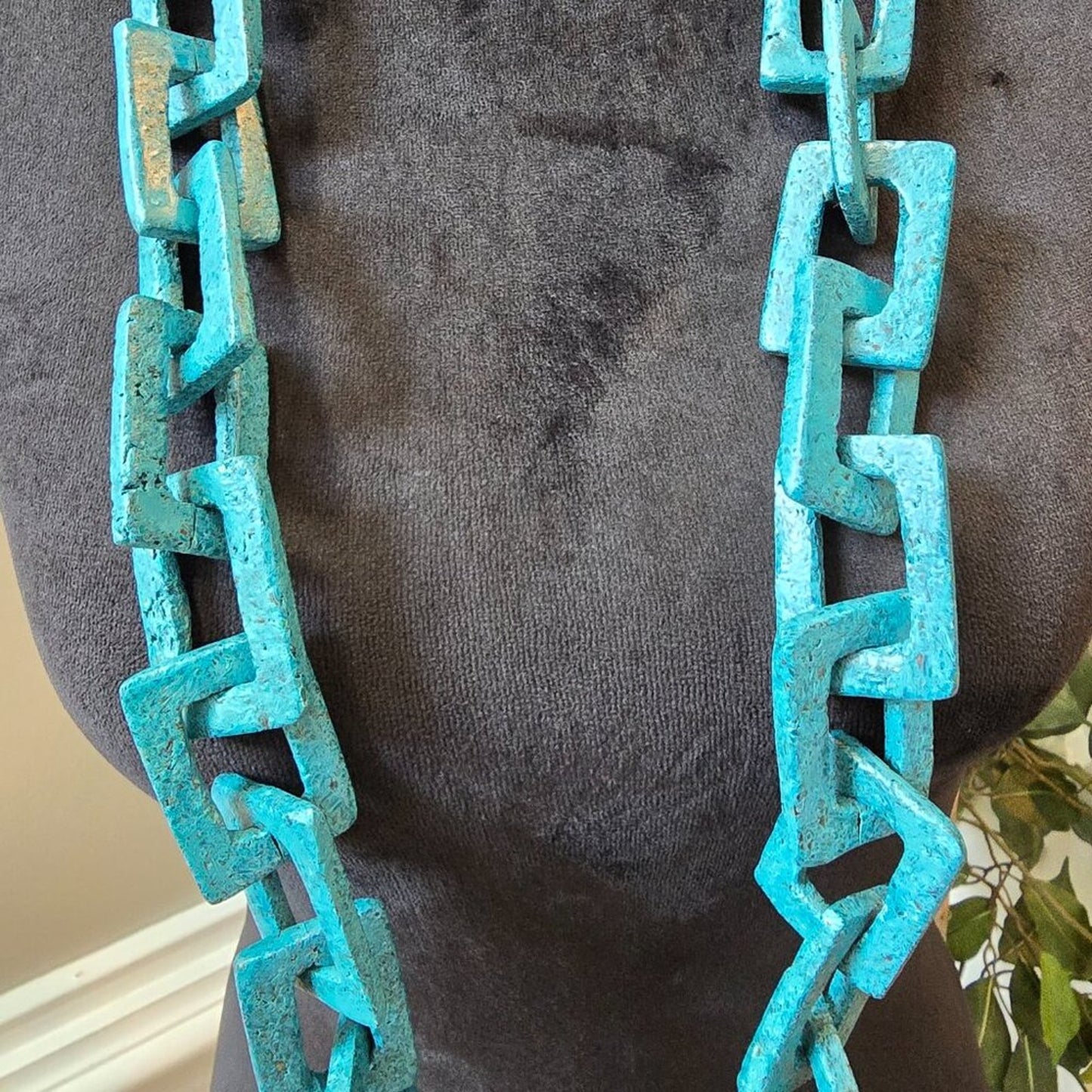 Womens Fashion Blue Square Resin Chain Link Lava Beaded Necklace Jewelry