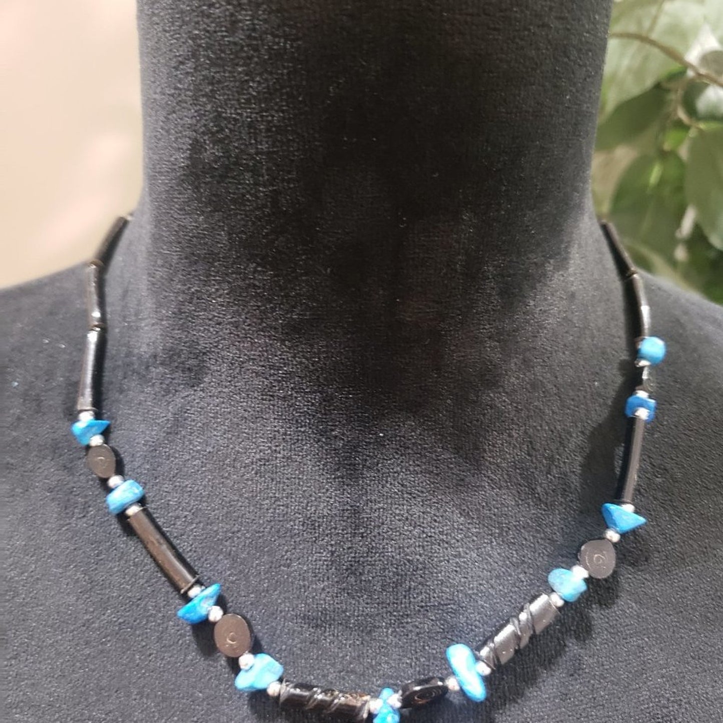 Artisan Women Fashion Black Twist Bar Blue Faux Turquoise Beaded Collar Necklace