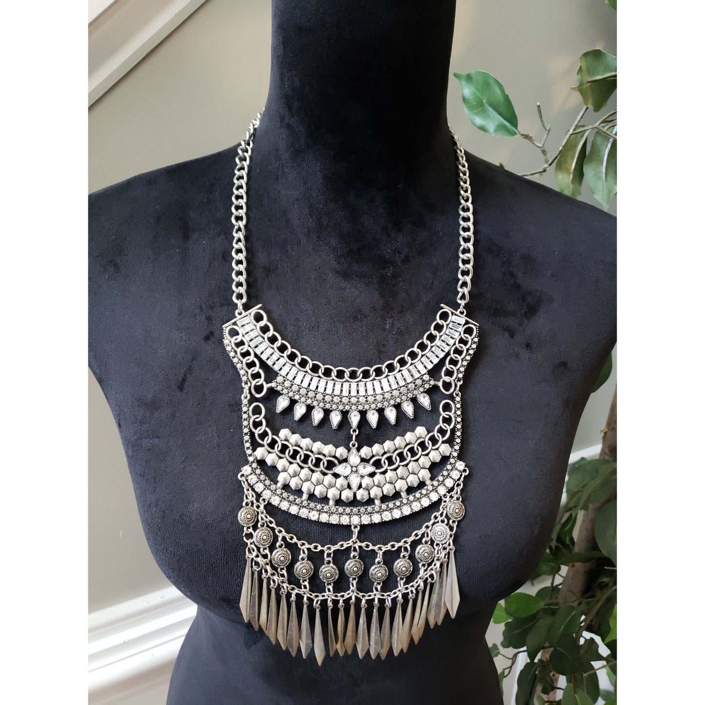 Women's Statement Tribal Bib Necklace Crystal Charms Lobster Clasp Bold