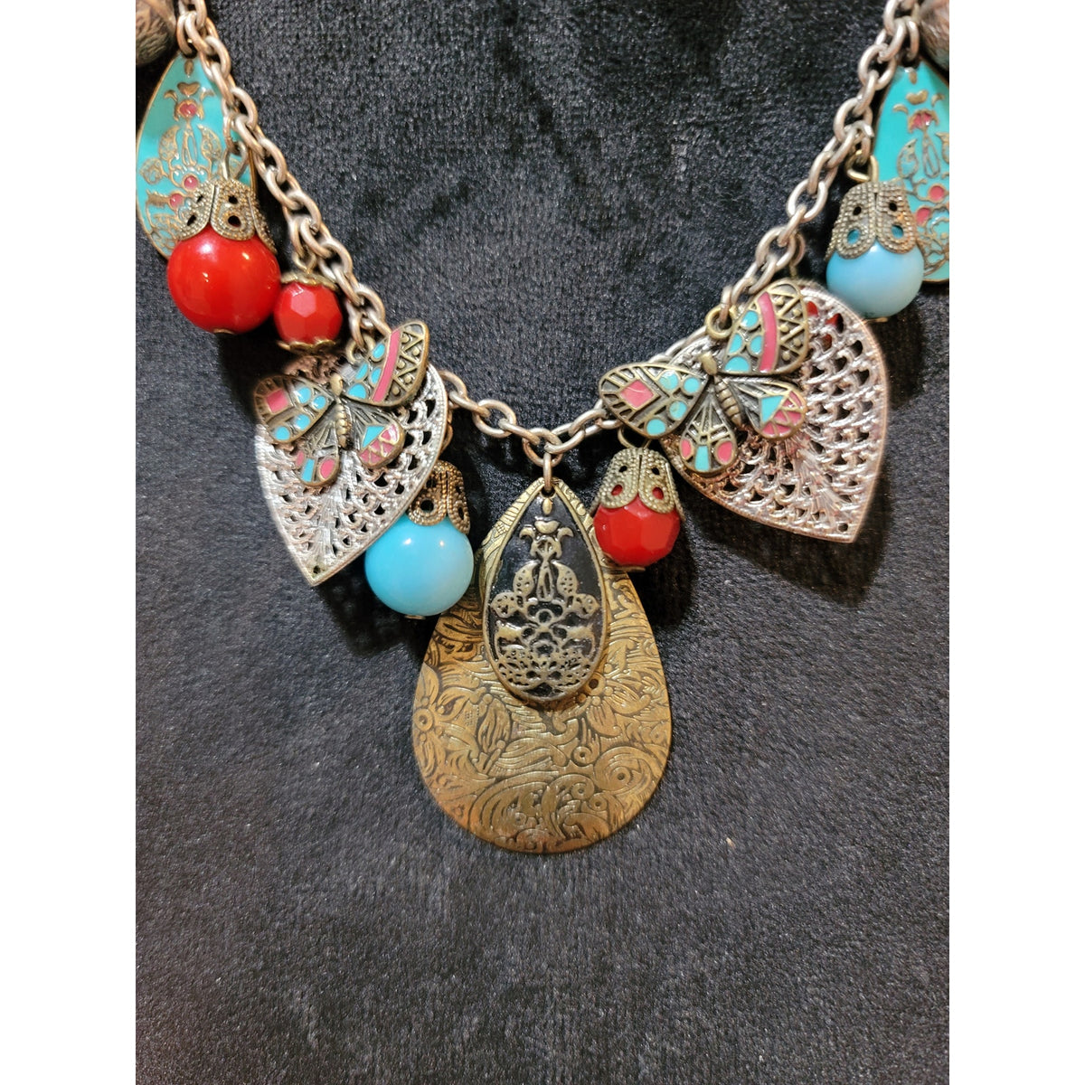 Women's Bohemian Vintage Butterfly Pendant Necklace With Red And Turquoise Beads