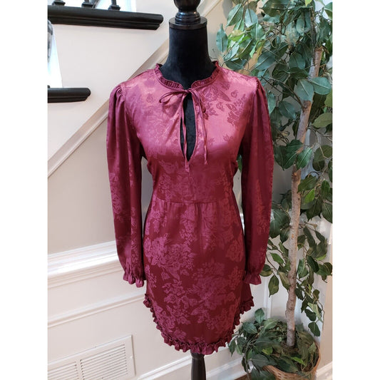 Speechless Womens Burgundy Floral Drawstring Long Sleeve Knee Length Dress Large