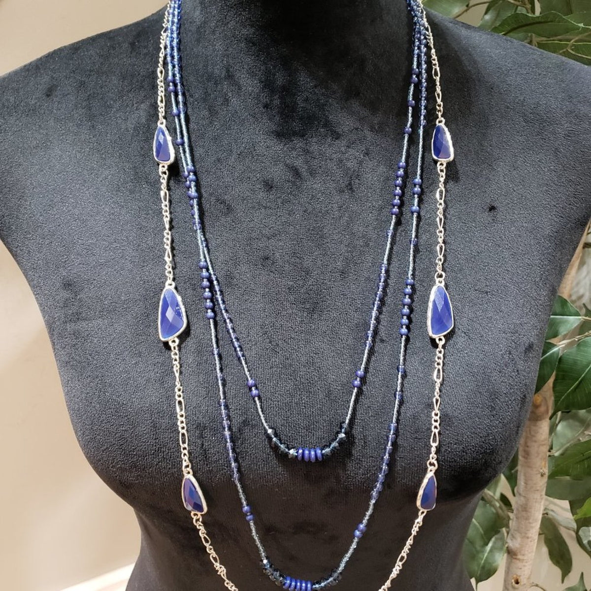 Womens Fashion Black Blue Rhinestones Long Collar Necklace with Lobster Clasp