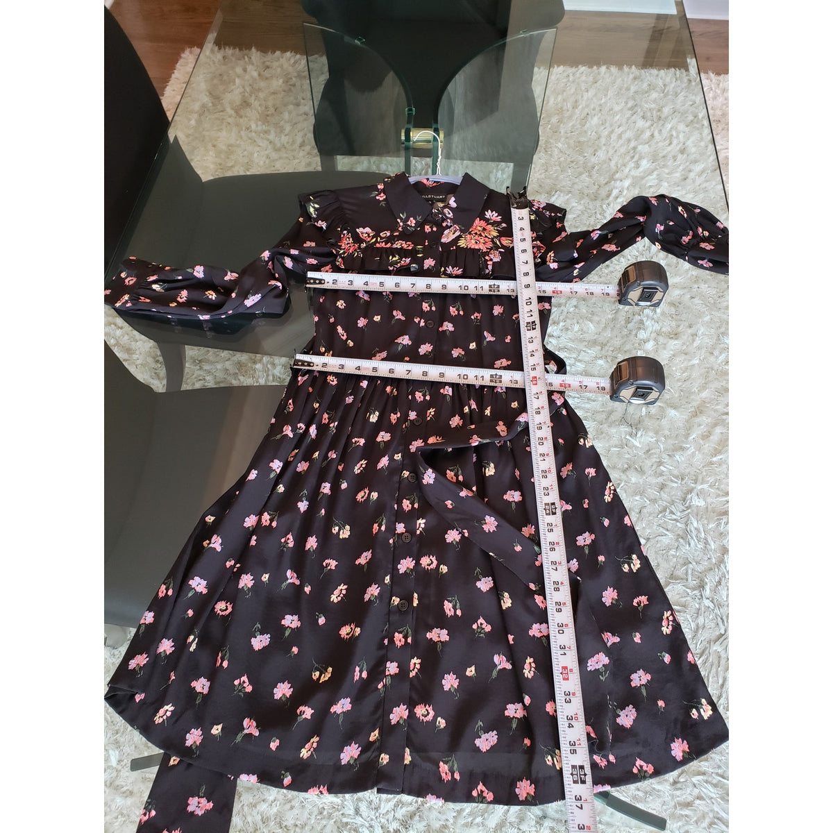 Jill Stuart Shirt Dress Women XS Black Floral Ruffle Pleated Collar Button Front