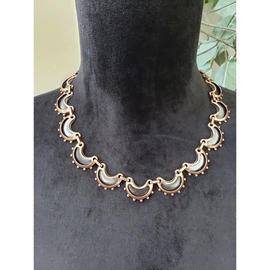 Women Copper with Black Enamel Crescent Moons Clip-On Link Necklace with Lobster