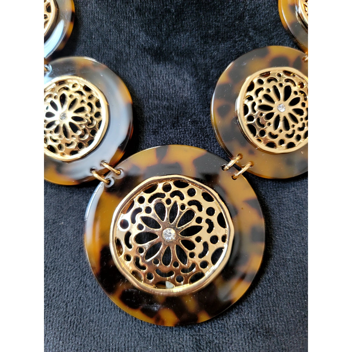 C 1946 Logo Gold Tone Black Enamel Medallion Statement Necklace Boho Jewelry