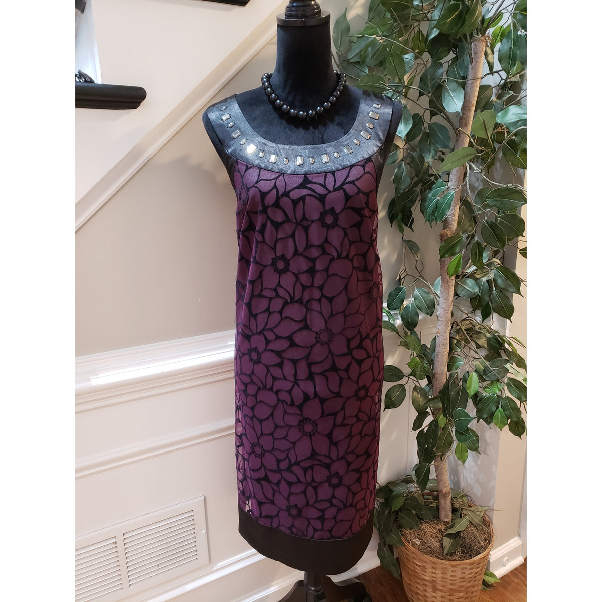 Signature by Robbie Bee Sheath Dress Women's 18W Black & Purple Floral Beaded